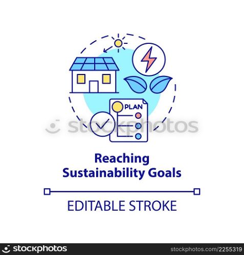 Reaching sustainability goals concept icon. Clean energy usage. Pros of PPA abstract idea thin line illustration. Isolated outline drawing. Editable stroke. Arial, Myriad Pro-Bold fonts used. Reaching sustainability goals concept icon