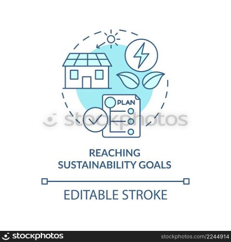 Reaching sustainability goals turquoise concept icon. Clean energy usage. Pros of PPA abstract idea thin line illustration. Isolated outline drawing. Editable stroke. Arial, Myriad Pro-Bold fonts used. Reaching sustainability goals turquoise concept icon