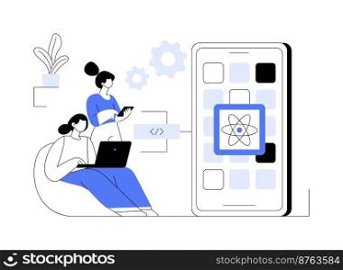 React native mobile app abstract concept vector illustration. Cross-platform native mobile app development framework, JavaScript library, user interface, operating system abstract metaphor.. React native mobile app abstract concept vector illustration.