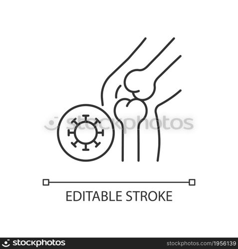Reactive arthritis linear icon. Infectious joint disease. Inflammatory arthritis. Painful feeling. Thin line customizable illustration. Contour symbol. Vector isolated outline drawing. Editable stroke. Reactive arthritis linear icon