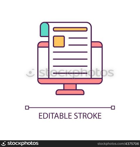 Read articles online RGB color icon. Mass media on internet source. Digital news portal information. Isolated vector illustration. Simple filled line drawing. Editable stroke. Arial font used. Read articles online RGB color icon