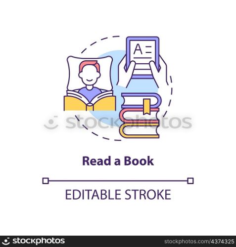 Read book concept icon. Relax and study. Morning routine for wellness abstract idea thin line illustration. Isolated outline drawing. Editable stroke. Roboto-Medium, Myriad Pro-Bold fonts used. Read book concept icon