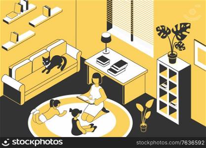 Read book family isometric composition with home scenery and mother reading book for two young children vector illustration