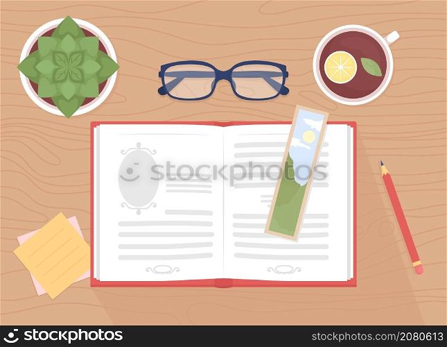 Read book flat color vector illustration. Open textbook with biology homework. Studying subject. Glasses and cup of tea. Top view 2D cartoon illustration with desktop on background collection. Read book flat color vector illustration