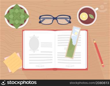 Read book flat color vector illustration. Open textbook with biology homework. Studying subject. Glasses and cup of tea. Top view 2D cartoon illustration with desktop on background collection. Read book flat color vector illustration