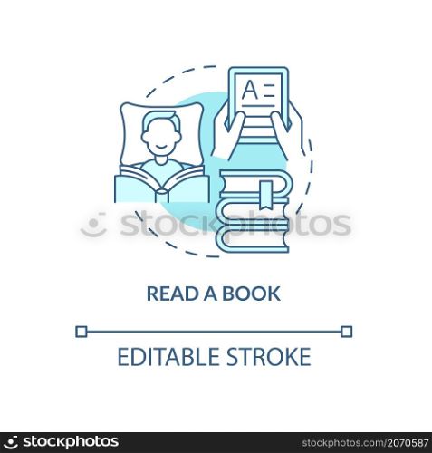 Read book turquoise concept icon. Relax and study. Morning routine for health abstract idea thin line illustration. Isolated outline drawing. Editable stroke. Roboto-Medium, Myriad Pro-Bold fonts used. Read book turquoise concept icon