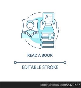 Read book turquoise concept icon. Relax and study. Morning routine for health abstract idea thin line illustration. Isolated outline drawing. Editable stroke. Roboto-Medium, Myriad Pro-Bold fonts used. Read book turquoise concept icon