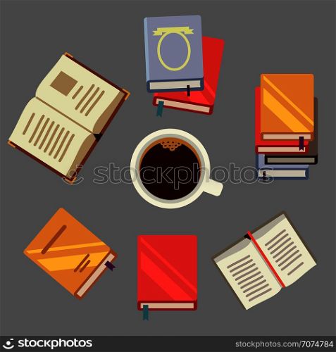 Read books and drink coffee - students concept with books and cup of coffee. Work paper on table. Vector illustration. Read books and drink coffee - students concept with books and cup of coffee