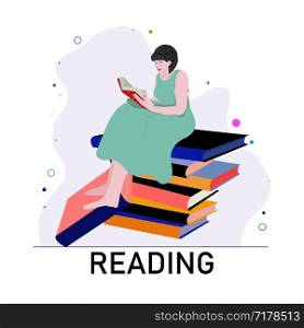 Read books concept. Girl sitting on a pile of books. Note reading. illustration. Read books concept. Girl sitting on a pile of books. Note reading.