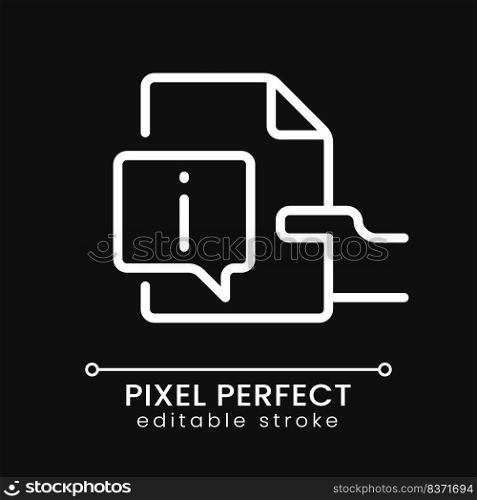 Read instructions pixel perfect white linear icon for dark theme. User tutorial. Information about product. Thin line illustration. Isolated symbol for night mode. Editable stroke. Poppins font used. Read instructions pixel perfect white linear icon for dark theme