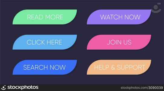 Read more, Learn more, Book now, Watch now, Buy now, Download. Isolated on a dark. EPS 10. Set of multi-colored buttons using the gradient for websites and social pages.