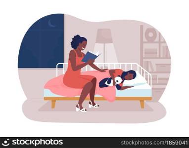 Read story before bed 2D vector isolated illustration. Mother reading book for sleeping kid. Story telling for baby. Happy family flat characters on cartoon background. Bedtime routine colourful scene. Read story before bed 2D vector isolated illustration
