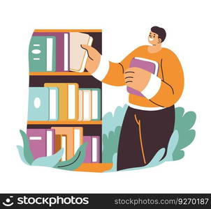 Reader choosing books or publications from bookstore or library. Student with textbooks or literature for pastime and leisure activities. Isolated personage with manual in hands. Vector in flat style. Man choosing book from bookstore or library vector