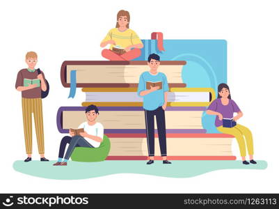 Readers. Small people reading giant books sitting and standing on book stack, literature fans and learning students, educated modern readers vector concept. Readers. Small people reading giant books sitting and standing on book stack, literature fans and students, educated readers vector concept