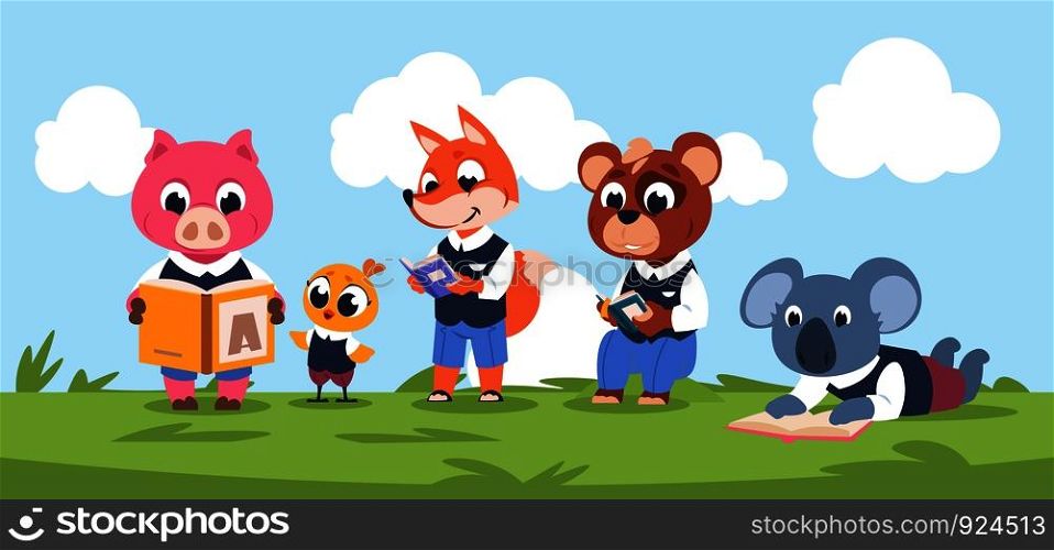 Reading animal characters. Cute cartoon kids characters reading book together. Funny vector illustration educational concept with studying kids collection. Reading animal characters. Cute cartoon kids characters reading together, funny vector educational concept with studying kids