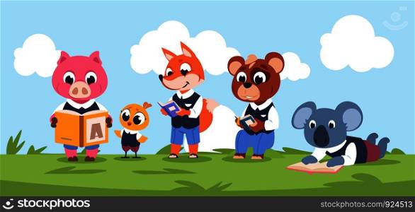 Reading animal characters. Cute cartoon kids characters reading book together. Funny vector illustration educational concept with studying kids collection. Reading animal characters. Cute cartoon kids characters reading together, funny vector educational concept with studying kids
