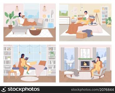 Reading at home flat color vector illustration set. Relaxing at home with book. Woman sitting on sofa with blanket. Resting indoors 2D cartoon characters with home interior on background collection. Reading at home flat color vector illustration set