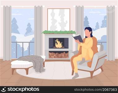 Reading at home in winter flat color vector illustration. Woman holding book and resting near fire. Girl wrapped in blanket sitting in armchair 2D cartoon characters with interior on background. Reading at home in winter flat color vector illustration
