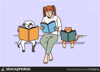 Reading book and funny education concept. Smiling positive girl funny dog and cat sitting on bench reading books together enjoying time vector illustration. Reading book and funny education concept.