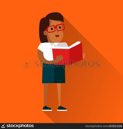 Reading book and learning people concept. Flat style. Human icon. Woman character in glasses standing with a book in their hands. Self-education and gain knowledge. On orange background with shadow . Reading Book Human Icon in Flat Style Design . Reading Book Human Icon in Flat Style Design