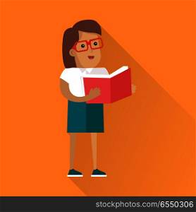 Reading book and learning people concept. Flat style. Human icon. Woman character in glasses standing with a book in their hands. Self-education and gain knowledge. On orange background with shadow . Reading Book Human Icon in Flat Style Design . Reading Book Human Icon in Flat Style Design