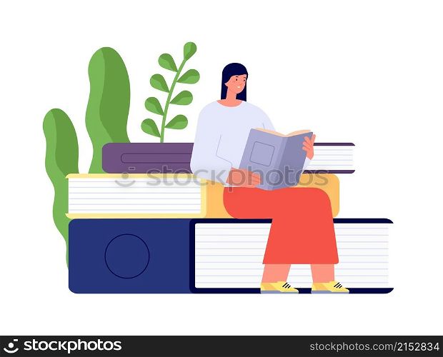 Reading book concept. Girl holding books, female sits on textbooks pile. Young adult study, reader in abstract cozy library. Student utter vector concept. Young woman studying with learning. Reading book concept. Girl holding books, female sits on textbooks pile. Young adult study, reader in abstract cozy library. Student utter vector concept