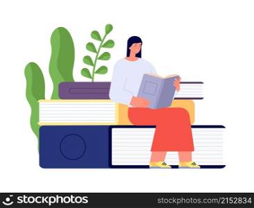 Reading book concept. Girl holding books, female sits on textbooks pile. Young adult study, reader in abstract cozy library. Student utter vector concept. Young woman studying with learning. Reading book concept. Girl holding books, female sits on textbooks pile. Young adult study, reader in abstract cozy library. Student utter vector concept