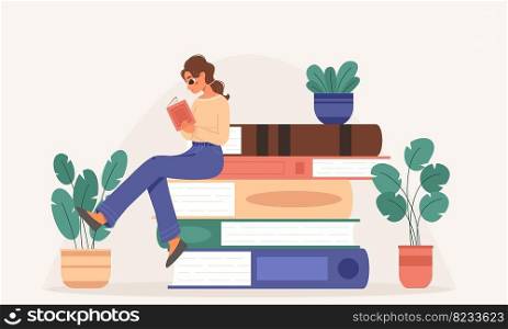 Reading book concept. Library books pile and teen girl read. Educational literature, student lifestyle and learning. Bookstore, snugly vector hobby scene of library education with book illustration. Reading book concept. Library books pile and teen girl read. Educational literature, student lifestyle and learning. Bookstore, snugly vector hobby scene