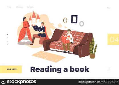 Reading book concept of landing page with little boy read tales imagine castle, prince and princess. Small kid with storybook read fairytales. Cartoon flat vector illustration. Reading book concept of landing page with little boy read tales imagine castle, prince and princess