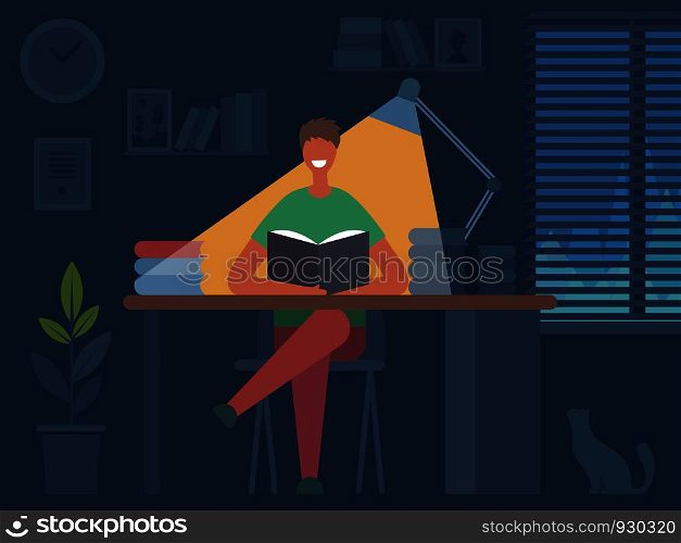 Reading book hobbies. Man sitting at table and reading magazine in dark room interior vector flat character illustration. Hobby student read, boy with book. Reading book hobbies. Man sitting at table and reading magazine in dark room interior vector flat character illustration