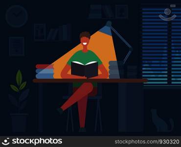 Reading book hobbies. Man sitting at table and reading magazine in dark room interior vector flat character illustration. Hobby student read, boy with book. Reading book hobbies. Man sitting at table and reading magazine in dark room interior vector flat character illustration