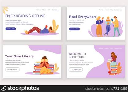Reading book landing page vector template set. Offline bookstore website interface idea with flat illustrations. Library homepage layout. Keen reader web banner, webpage cartoon concept