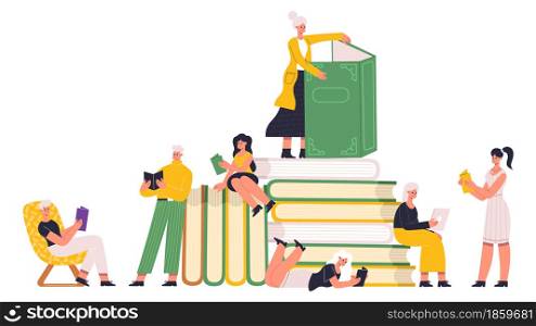 Reading book lover characters read paper books. People reading literature with huge book pile, reading hobby and education vector Illustration set. Reading characters concept education lover. Reading book lover characters read paper books. People reading literature with huge book pile, reading hobby and education vector Illustration set. Reading characters concept