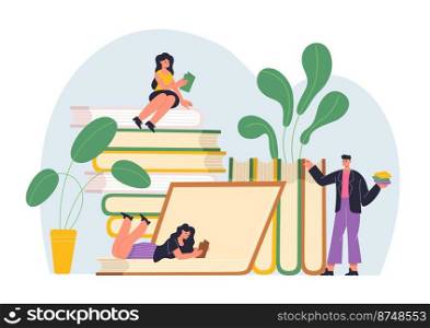 Reading book lover characters. Young girls and boy studying in library or preparing for exams. Cartoon students getting knowledge from textbooks, enjoying literature vector illustration. Reading book lover characters. Young girls and boy studying in library or preparing for exams. Cartoon characters getting knowledge