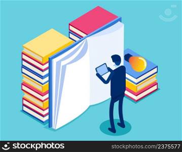 Reading book on library. Library reading page for study. Isometric vector concept