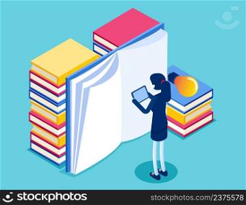 Reading book on library. Library reading page for study. Isometric vector concept