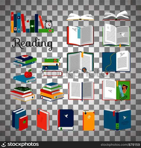 Reading book vector cartoon icons set. School and hand books, library books stack vector illustration isolated on transparent background. Books and stacks on transparent background
