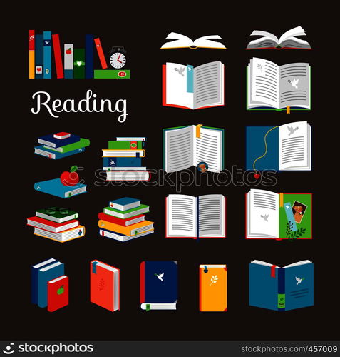 Reading book vector cartoon icons set. School and hand books, library books stack vector illustration. Reading book vector cartoon icons set