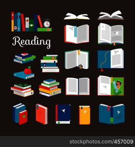 Reading book vector cartoon icons set. School and hand books, library books stack vector illustration. Reading book vector cartoon icons set