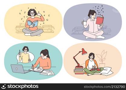 Reading books and getting knowledge concept. Set of young smiling people students pupils reading books getting knowledge doing homework learning online vector illustration. Reading books and getting knowledge concept.