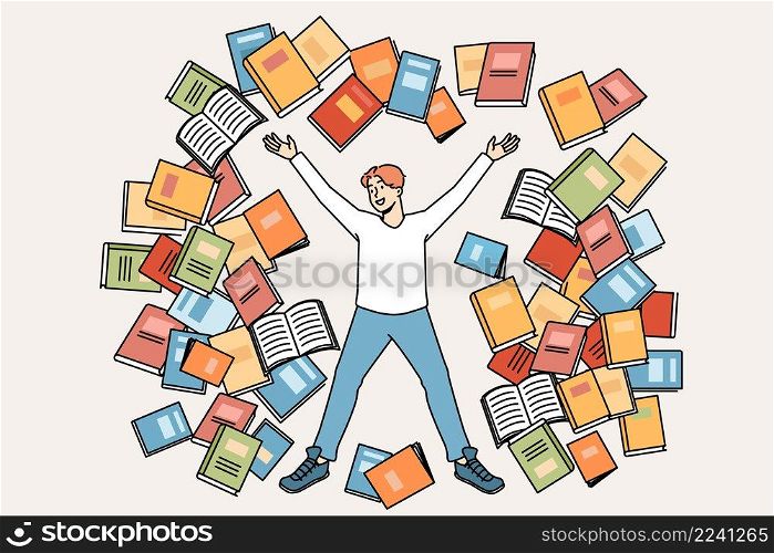 Reading books and knowledge concept. Smiling boy student looking at various books flying around getting prepared for exam and knowledge vector illustration . Reading books and knowledge concept