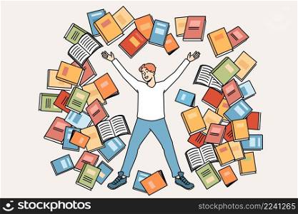 Reading books and knowledge concept. Smiling boy student looking at various books flying around getting prepared for exam and knowledge vector illustration . Reading books and knowledge concept