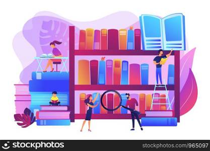 Reading books, encyclopedias. Students studying, learning. Public library events, free tutoring and workshops, library homework help concept. Bright vibrant violet vector isolated illustration. Public library concept vector illustration