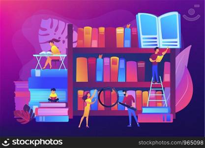 Reading books, encyclopedias. Students studying, learning. Public library events, free tutoring and workshops, library homework help concept. Bright vibrant violet vector isolated illustration. Public library concept vector illustration
