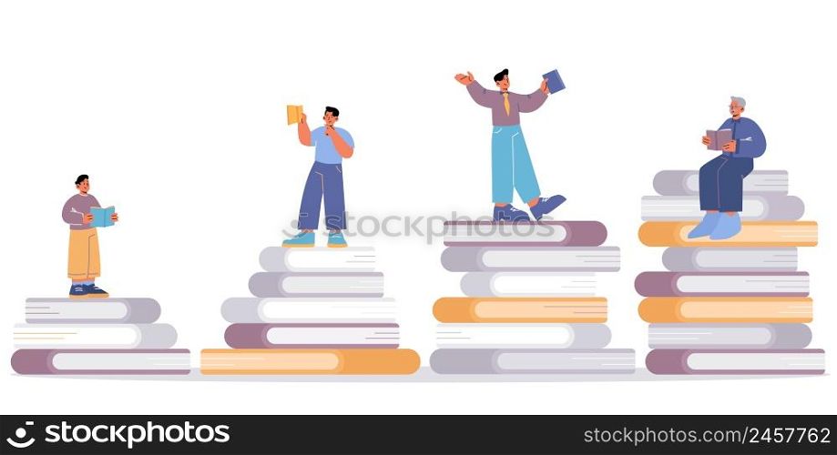 Reading books in lifespan concept. Vector flat illustration of person at different ages standing on stack of books and read. Set of boy, teen, adult and elderly character liking literature. Reading books in lifespan concept