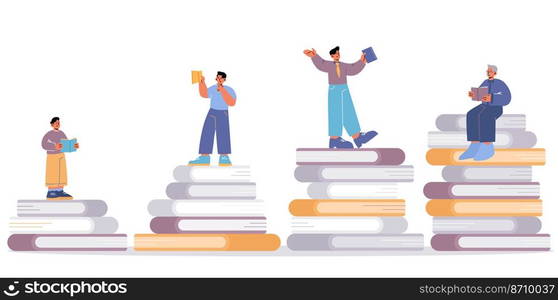 Reading books in lifespan concept. Vector flat illustration of person at different ages standing on stack of books and read. Set of boy, teen, adult and elderly character liking literature. Reading books in lifespan concept