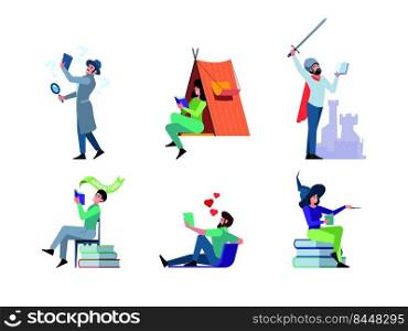 Reading books. Smart people spend rest time in library with magazines books study lectures and lessons garish vector concept pictures set. Illustration of book adventure, students hobby reading. Reading books. Smart people spend rest time in library with magazines books study lectures and lessons garish vector concept pictures set