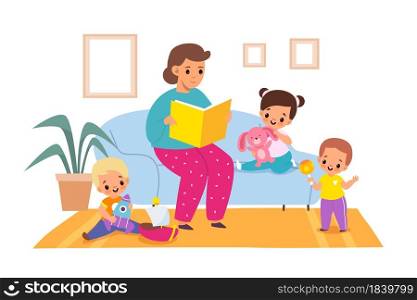 Reading books. Woman reads fairy tales to children, living room interior, little boys and girls in kindergarten, kids getting knowledge, entertainment literature. Vector cartoon flat isolated concept. Reading books. Woman reads fairy tales to children, living room interior, boys and girls in kindergarten, kids getting knowledge, entertainment literature. Vector cartoon isolated concept