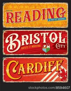 Reading, Bristol, Cardiff, UK city travel plates and England luggage tags, vector stickers. UK tin signs with England county flag, city landmark or emblems, travel plates and grunge signs. Reading, Bristol, Cardiff city travel plates
