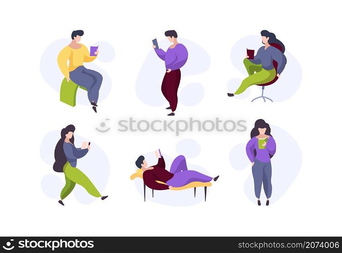 Reading characters. People holding and reading books literature lovers studying students garish vector characters. Student reading book, reader holding textbook illustration. Reading characters. People holding and reading books literature lovers studying students garish vector characters